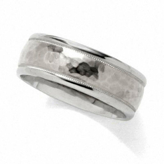 Men's 8.0mm Hammered Wedding Band in Solid 14K White Gold