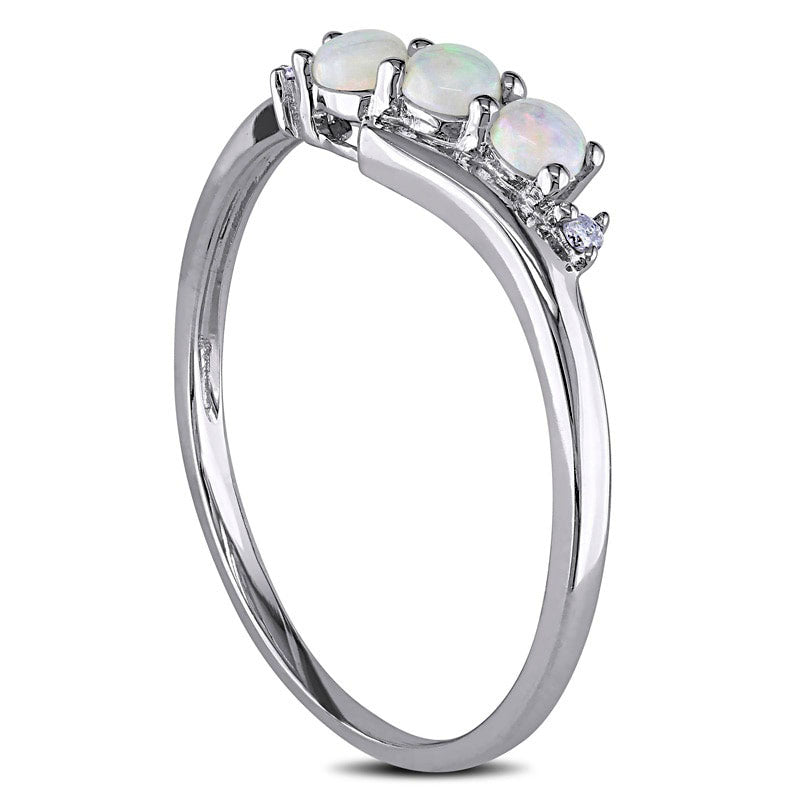 Opal Three Stone Slant Ring in Solid 10K White Gold with Natural Diamond Accents