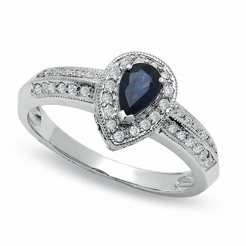 Pear-Shaped Blue Sapphire Antique Vintage-Style Engagement Ring in Solid 10K White Gold with Natural Diamond Accents