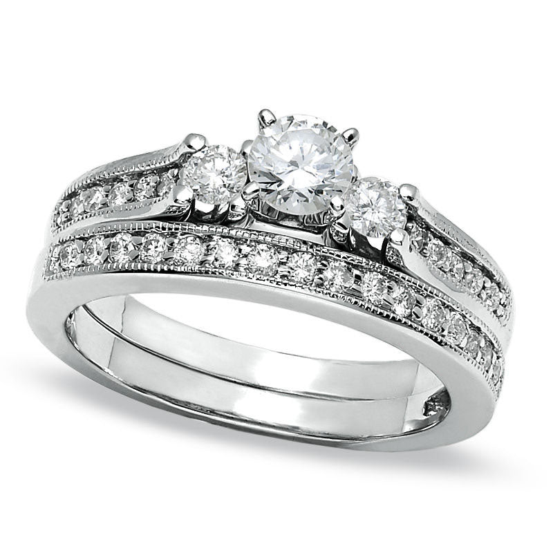 0.75 CT. T.W. Natural Diamond Three Stone Bridal Engagement Ring Set in Solid 14K White Gold