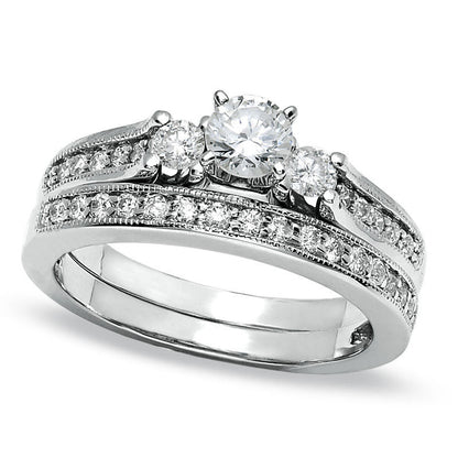 0.75 CT. T.W. Natural Diamond Three Stone Bridal Engagement Ring Set in Solid 14K White Gold