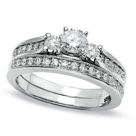 0.75 CT. T.W. Natural Diamond Three Stone Bridal Engagement Ring Set in Solid 14K White Gold