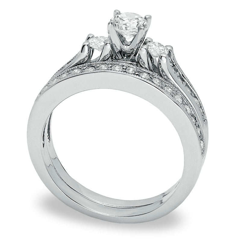 0.75 CT. T.W. Natural Diamond Three Stone Bridal Engagement Ring Set in Solid 14K White Gold