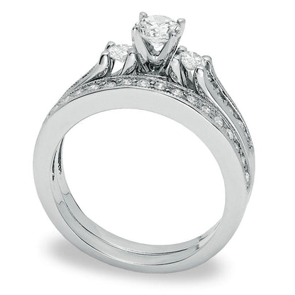 0.75 CT. T.W. Natural Diamond Three Stone Bridal Engagement Ring Set in Solid 14K White Gold
