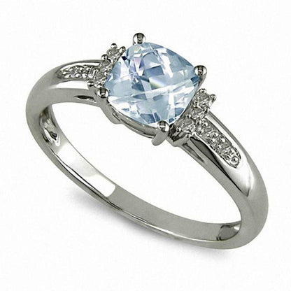Cushion-Cut Aquamarine and Natural Diamond Engagement Ring in Solid 10K White Gold