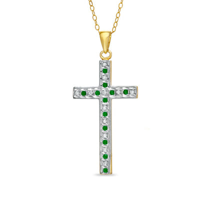 Emerald Gemstone Fascination™ and Natural Diamond Fascination™ Cross Pendant in Sterling Silver with 18K Gold Plating