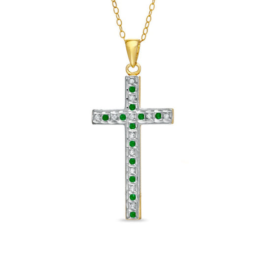Emerald Gemstone Fascination™ and Natural Diamond Fascination™ Cross Pendant in Sterling Silver with 18K Gold Plating