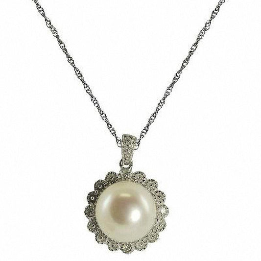 9.0 - 9.5mm Cultured Freshwater Pearl and Natural Diamond Accent Flower Frame Pendant in Sterling Silver