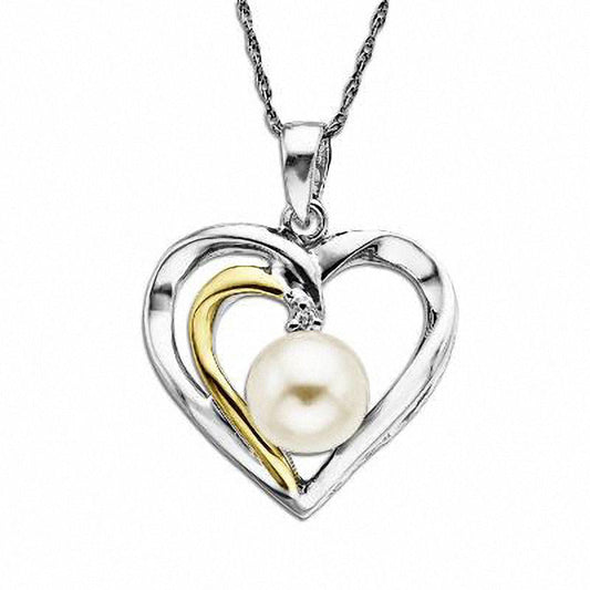 6.5mm Cultured Freshwater Pearl and Natural Diamond Accent Heart Pendant in Sterling Silver and 14K Gold