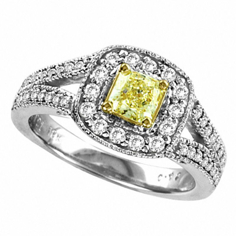 1.0 CT. T.W. Radiant-Cut Natural Fancy Yellow and White Natural Diamond Split Shank Framed Ring in Solid 18K White Gold (SI2)