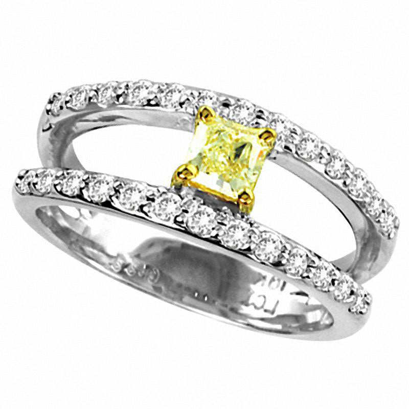 0.75 CT. T.W. Radiant-Cut Natural Fancy Yellow and White Natural Diamond Orbit Band in Solid 18K White Gold (SI2)