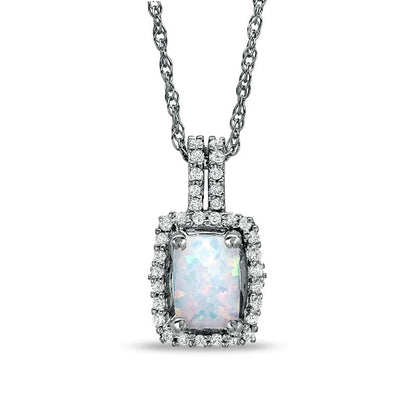 Cushion-Cut Lab-Created Opal and White Topaz Framed Pendant in Sterling Silver