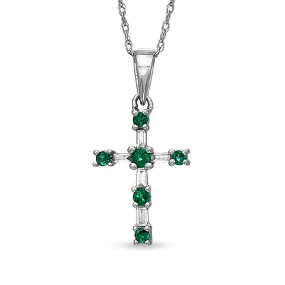 Emerald and 0.1 CT. T.W. Natural Diamond Cross Pendant in 10K White Gold