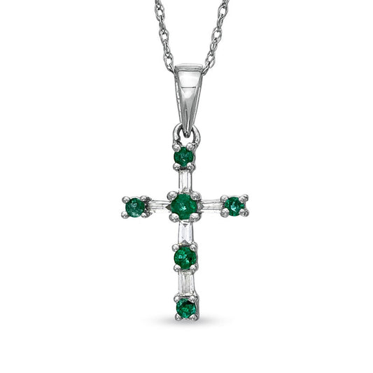 Emerald and 0.1 CT. T.W. Natural Diamond Cross Pendant in 10K White Gold
