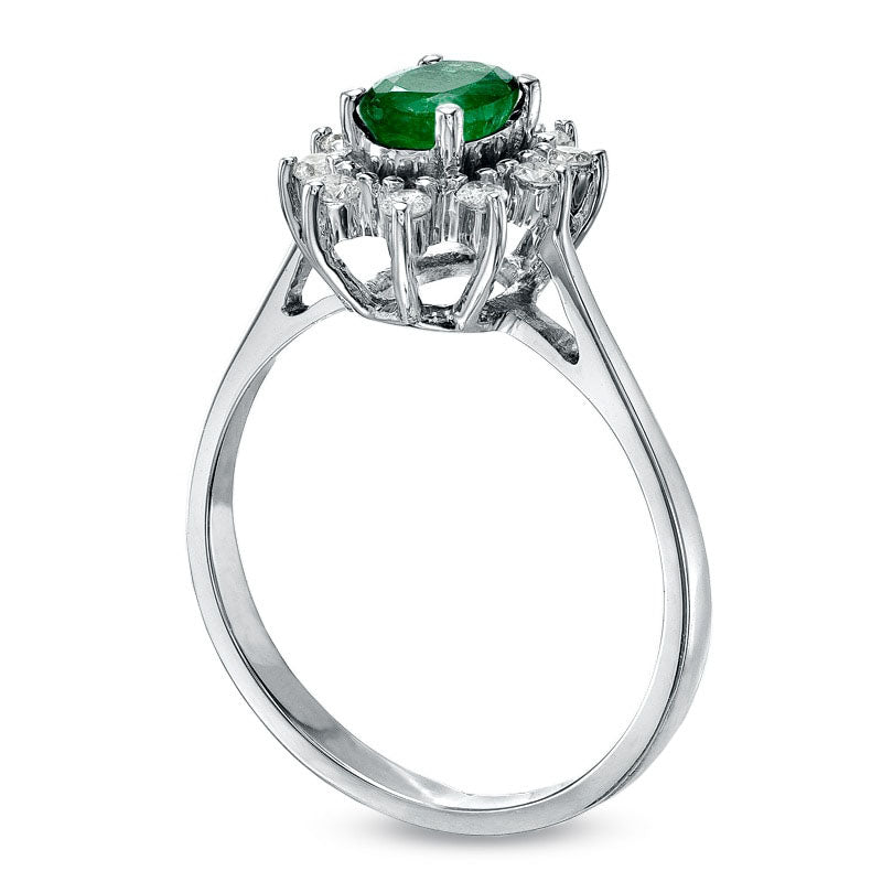 Oval Emerald and 0.14 CT. T.W. Natural Diamond Frame Engagement Ring in Solid 14K White Gold