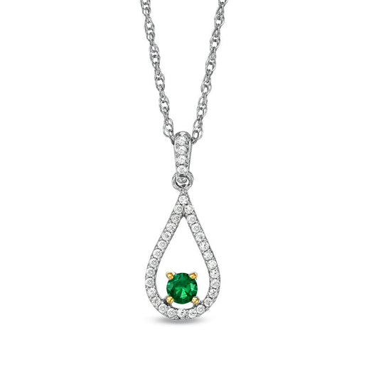 3.4mm Lab-Created Emerald and 0.13 CT. T.W. Diamond Drop Loop Pendant in Sterling Silver