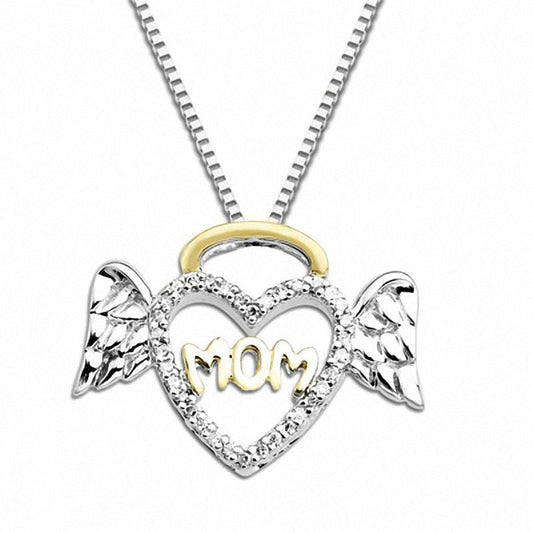 0.1 CT. T.W. Natural Diamond Halo Winged Heart Mom" Pendant in Sterling Silver and 14K Gold"