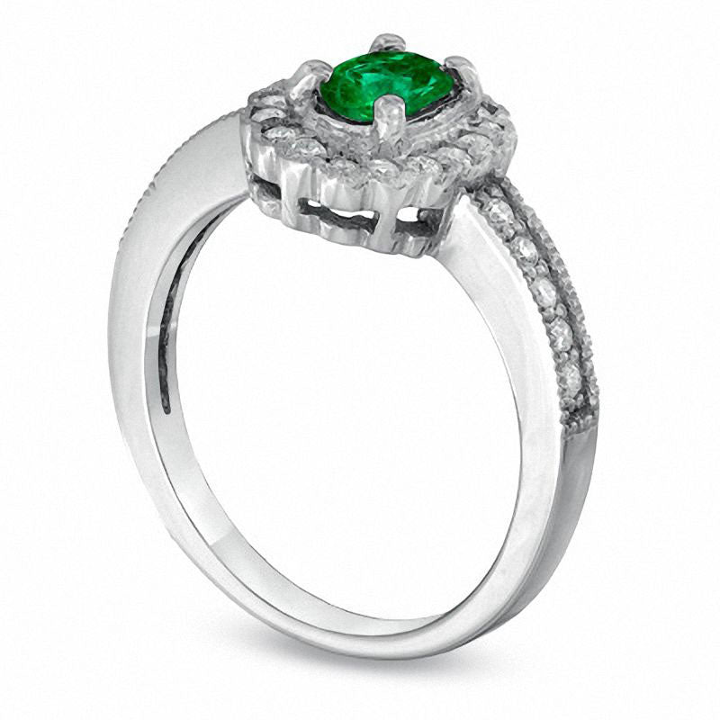 Oval Emerald and 0.25 CT. T.W. Natural Diamond Scallop Frame Engagement Ring in Solid 14K White Gold