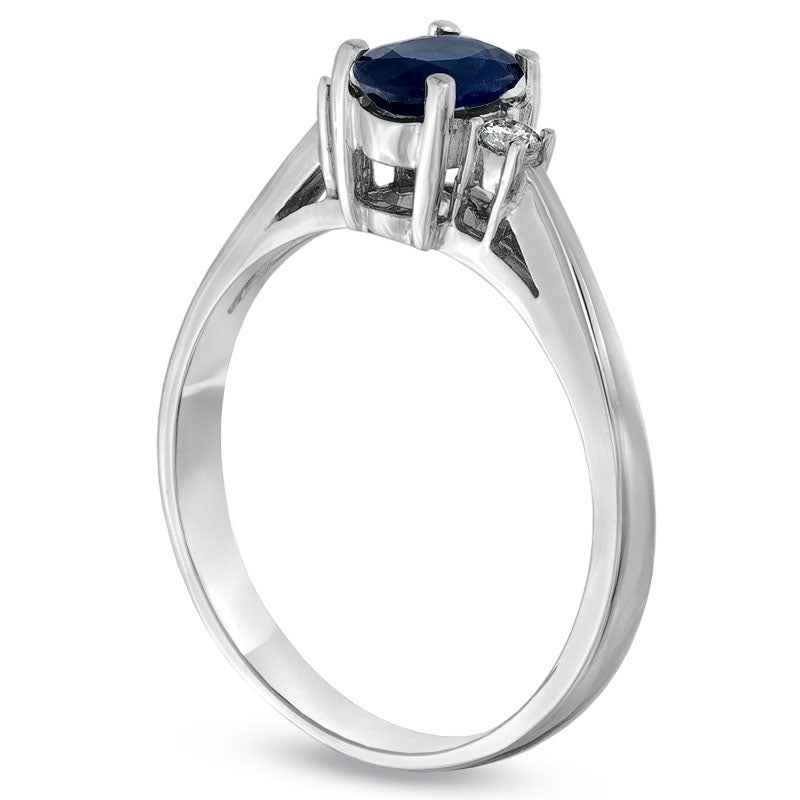Oval Blue Sapphire and Natural Diamond Accent Engagement Ring in Solid 14K White Gold