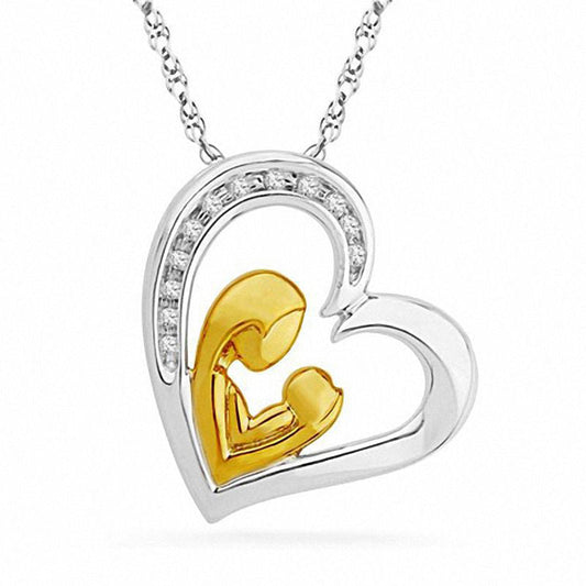 Natural Diamond Accent Tilted Motherly Love Heart Pendant in Two-Tone Sterling Silver