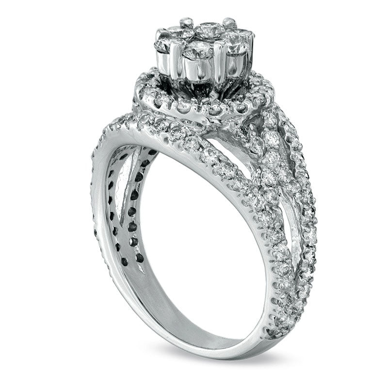 1.38 CT. T.W. Natural Diamond Cluster Split Shank Engagement Ring in Solid 14K White Gold