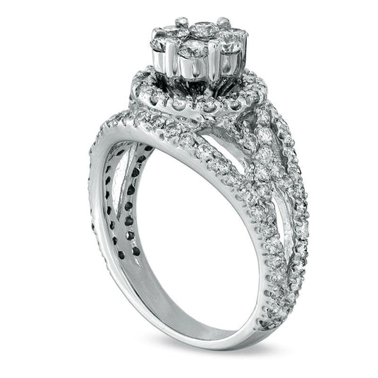 1.38 CT. T.W. Natural Diamond Cluster Split Shank Engagement Ring in Solid 14K White Gold