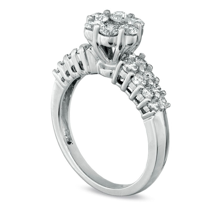 1.50 CT. T.W. Natural Diamond Cluster Engagement Ring in Solid 14K White Gold