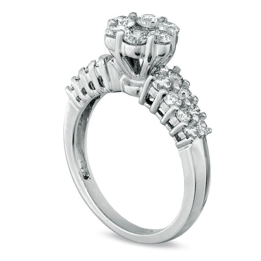 1.50 CT. T.W. Natural Diamond Cluster Engagement Ring in Solid 14K White Gold