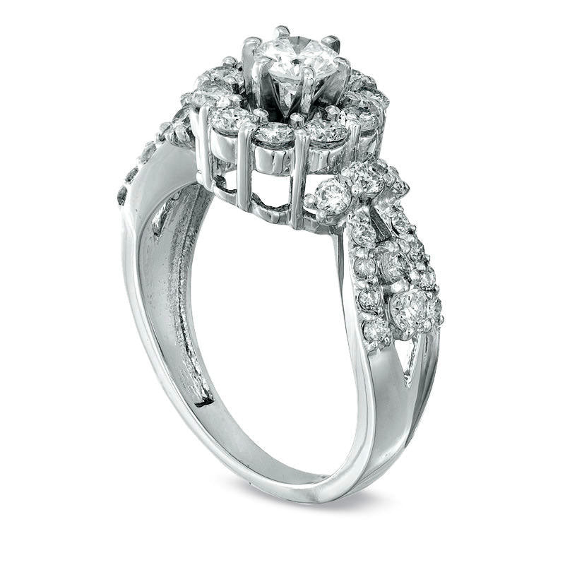 1.50 CT. T.W. Natural Diamond Cluster Split Shank Engagement Ring in Solid 14K White Gold
