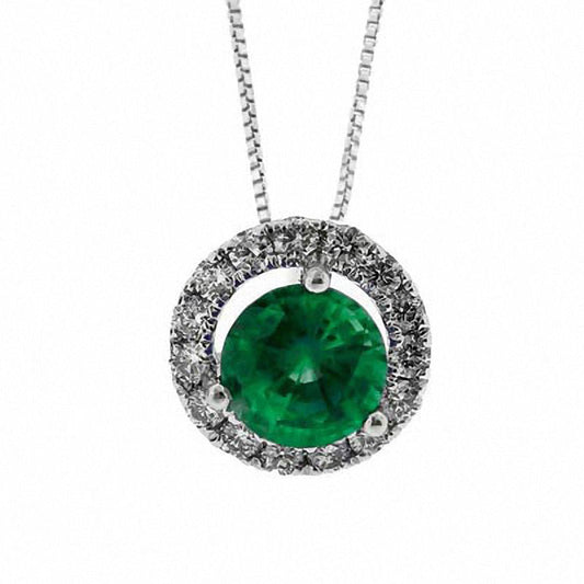 5.0mm Emerald and 0.14 CT. T.W. Natural Diamond Frame Pendant in Sterling Silver