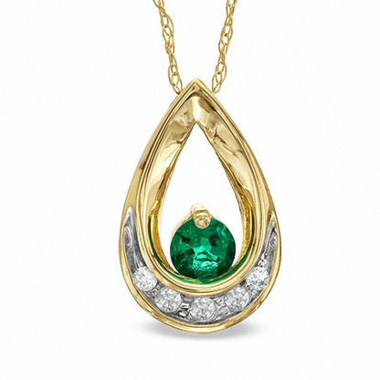 Lab-Created Emerald and Diamond Accent Teardrop Pendant in 10K Yellow Gold