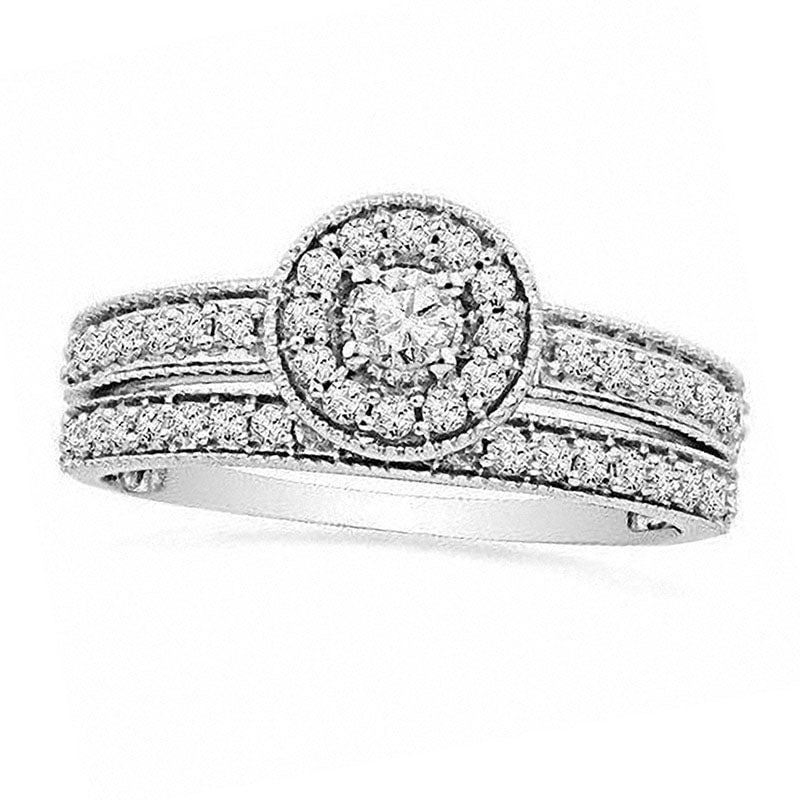 0.50 CT. T.W. Natural Diamond Framed Bridal Engagement Ring Set in Solid 14K White Gold