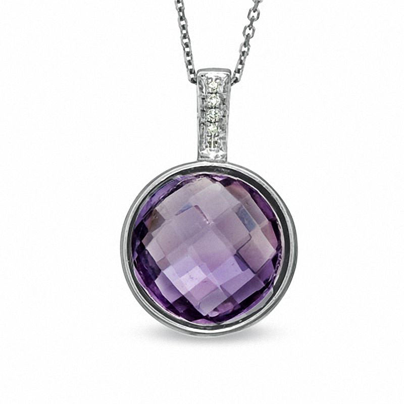 12.0mm Checkerboard Amethyst and Natural Diamond Accent Pendant in Sterling Silver