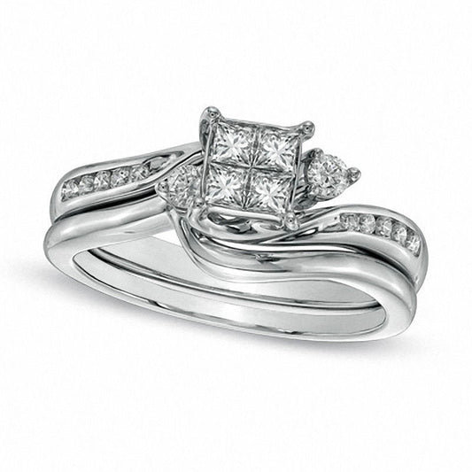 0.50 CT. T.W. Quad Princess-Cut Natural Diamond Bridal Engagement Ring Set in Solid 10K White Gold