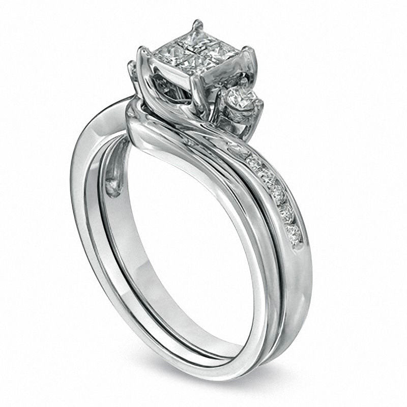 0.50 CT. T.W. Quad Princess-Cut Natural Diamond Bridal Engagement Ring Set in Solid 10K White Gold