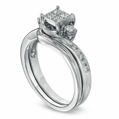 0.50 CT. T.W. Quad Princess-Cut Natural Diamond Bridal Engagement Ring Set in Solid 10K White Gold