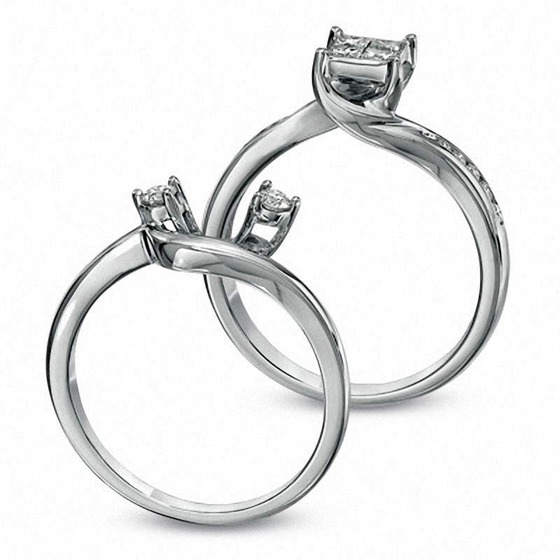 0.50 CT. T.W. Quad Princess-Cut Natural Diamond Bridal Engagement Ring Set in Solid 10K White Gold