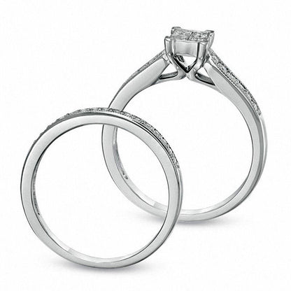 0.50 CT. T.W. Quad Princess-Cut Natural Diamond Antique Vintage-Style Bridal Engagement Ring Set in Solid 10K White Gold
