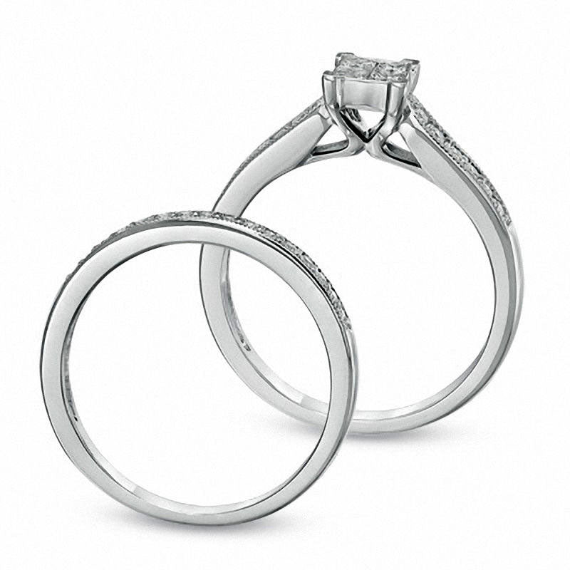 0.50 CT. T.W. Quad Princess-Cut Natural Diamond Antique Vintage-Style Bridal Engagement Ring Set in Solid 10K White Gold