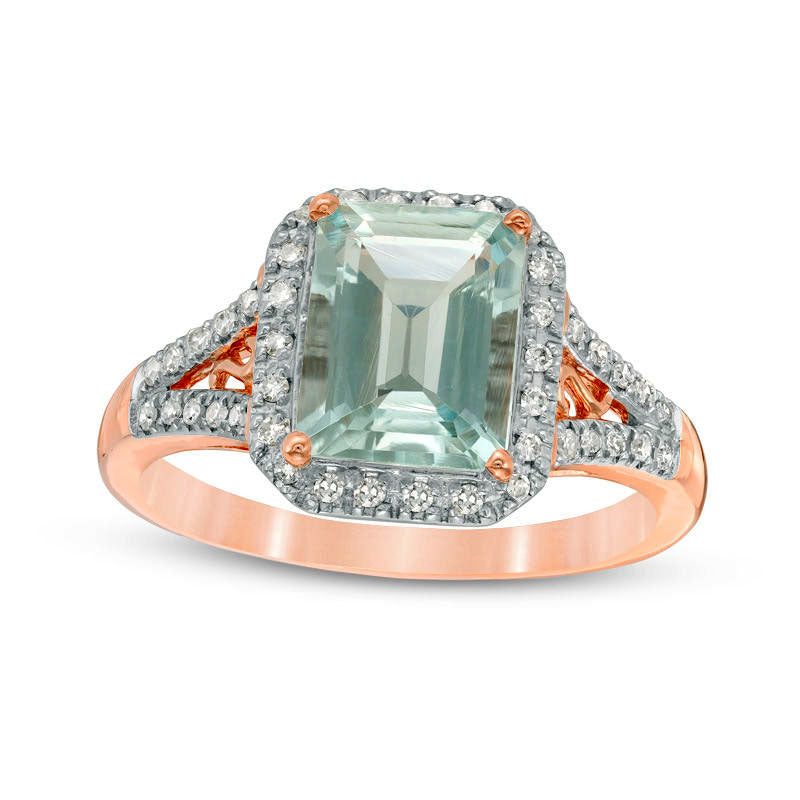 Emerald-Cut Aquamarine and 0.17 CT. T.W. Natural Diamond Frame Ring in Solid 14K Rose Gold