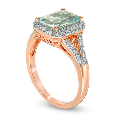 Emerald-Cut Aquamarine and 0.17 CT. T.W. Natural Diamond Frame Ring in Solid 14K Rose Gold