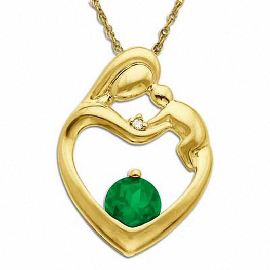 5.0mm Lab-Created Emerald and Diamond Accent Motherly Love Heart Pendant in 10K Yellow Gold