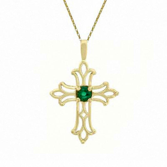 Lab-Created Emerald Birthstone Cross Pendant in 10K Yellow Gold