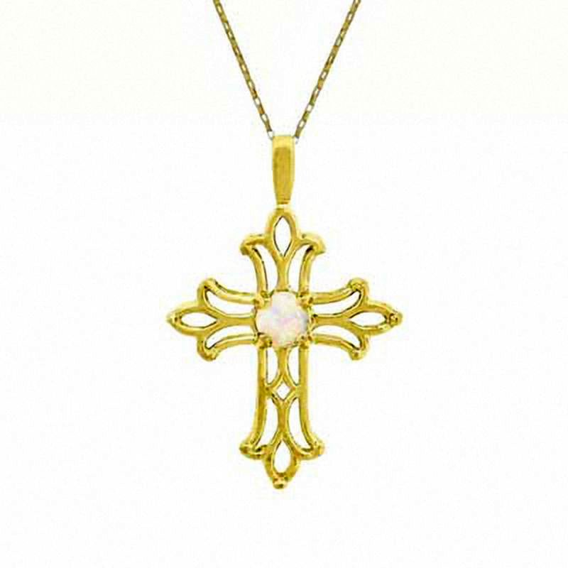 Lab-Created Opal Birthstone Cross Pendant in 10K Yellow Gold