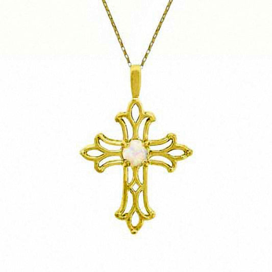 Lab-Created Opal Birthstone Cross Pendant in 10K Yellow Gold