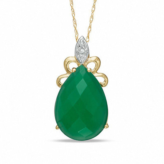 Pear-Shaped Green Chalcedony and Natural Diamond Accent Pendant in 10K Yellow Gold