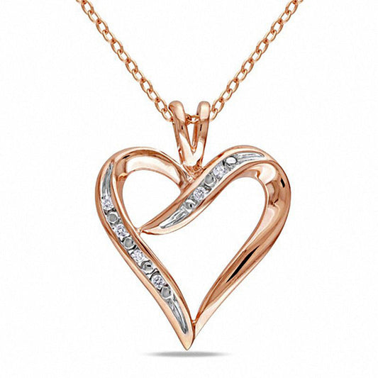 0.05 CT. T.W. Natural Diamond Heart-Shaped Ribbon Pendant in Sterling Silver with Rose Rhodium