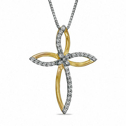 0.13 CT. T.W. Natural Diamond Cross with Rope Pendant in Sterling Silver and 14K Gold Plate