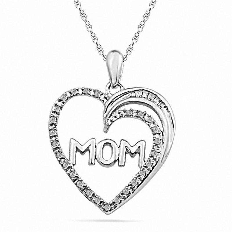 0.1 CT. T.W. Baguette and Round Natural Diamond MOM" Heart Pendant in Sterling Silver"