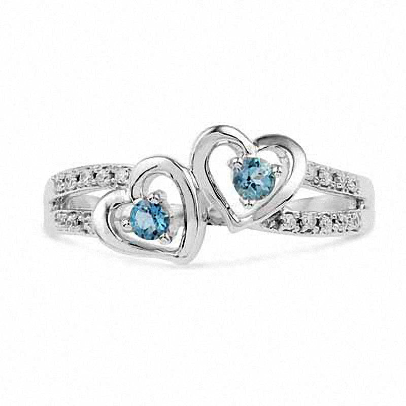 Aquamarine and 0.05 CT. T.W. Natural Diamond Double Heart Ring in Sterling Silver